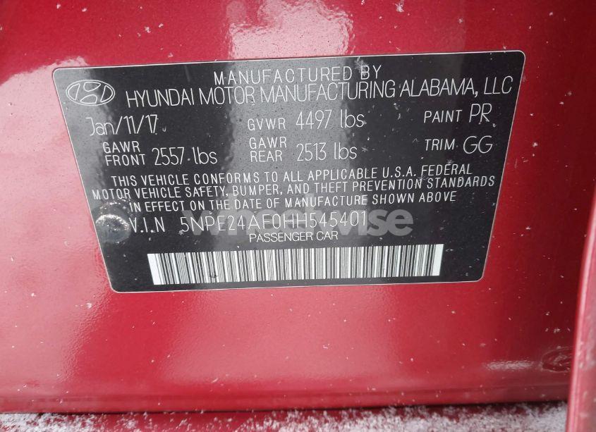 Photo 9 of 2017 Hyundai Sonata SE (VIN 5NPE24AF0HH545401)