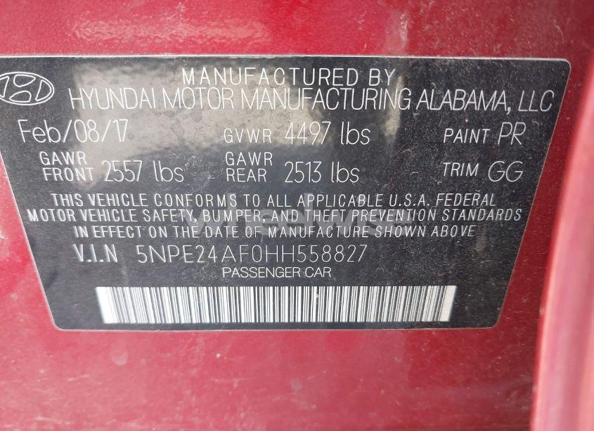 Photo 9 of 2017 Hyundai Sonata (VIN 5NPE24AF0HH558827)