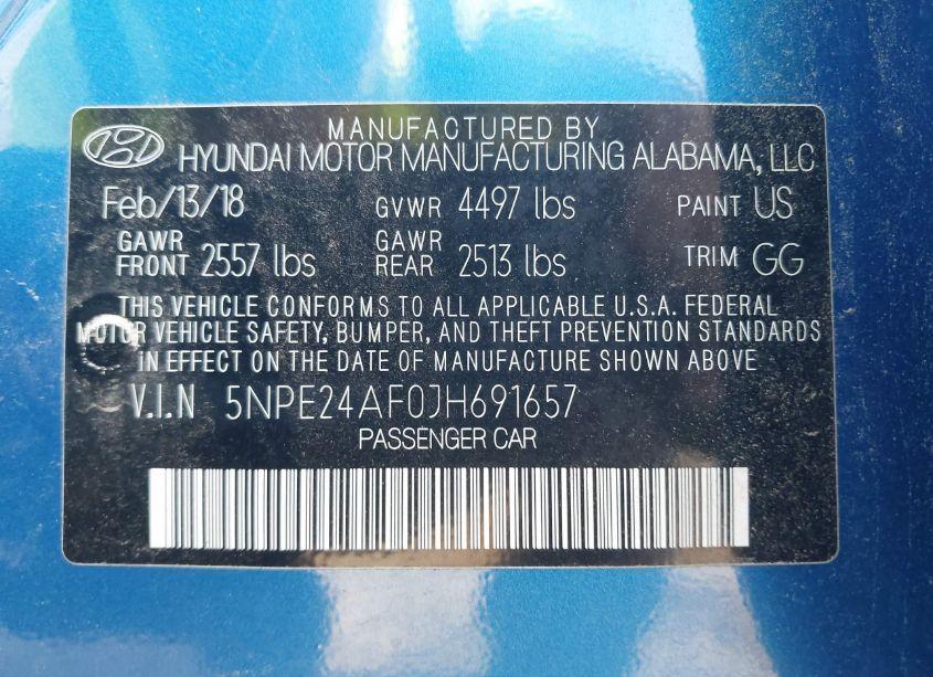 Photo 9 of 2018 Hyundai Sonata SE (VIN 5NPE24AF0JH691657)