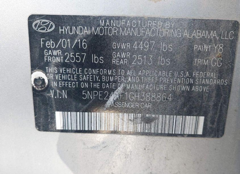 Photo 9 of 2016 Hyundai Sonata SE (VIN 5NPE24AF1GH388864)