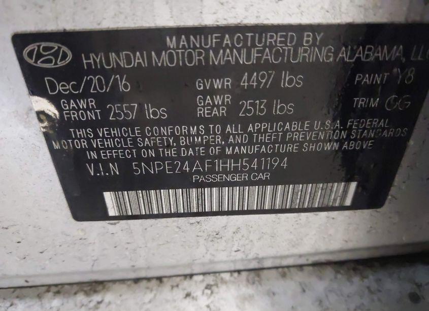 Photo 9 of 2017 Hyundai Sonata (VIN 5NPE24AF1HH541194)