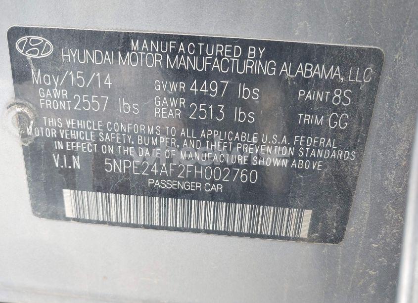 Photo 9 of 2015 Hyundai Sonata SE (VIN 5NPE24AF2FH002760)