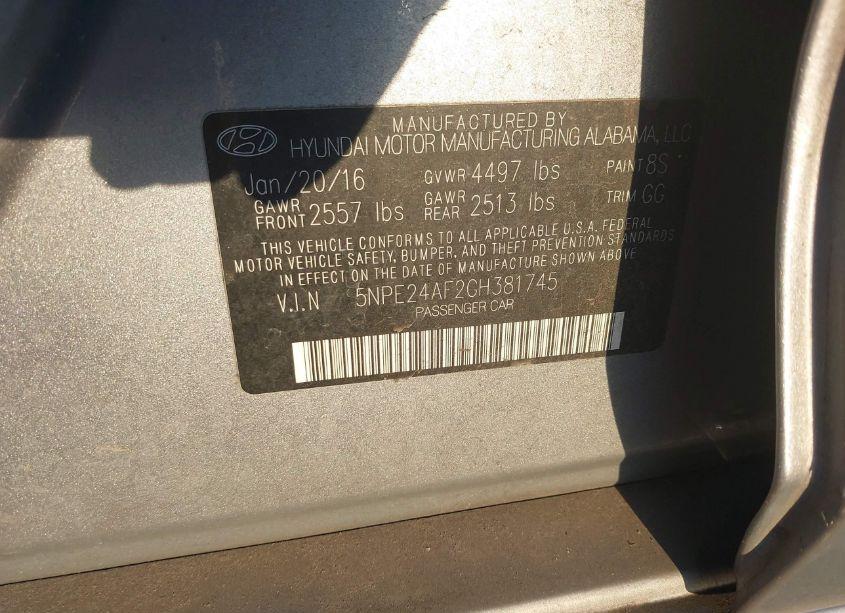 Photo 9 of 2016 Hyundai Sonata SE (VIN 5NPE24AF2GH381745)