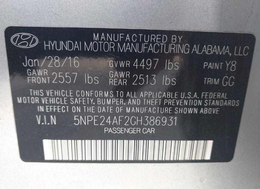 Photo 9 of 2016 Hyundai Sonata SE (VIN 5NPE24AF2GH386931)