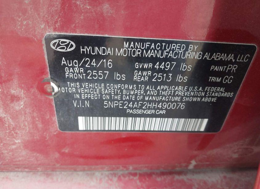 Photo 9 of 2017 Hyundai Sonata (VIN 5NPE24AF2HH490076)