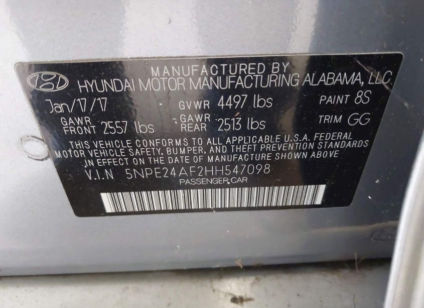 Photo 9 of 2017 Hyundai Sonata (VIN 5NPE24AF2HH547098)
