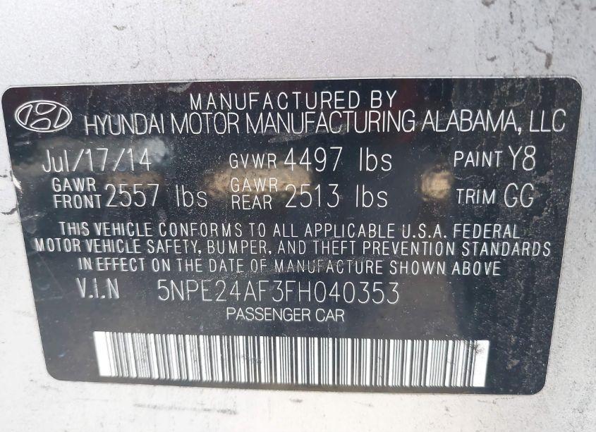 Photo 9 of 2015 Hyundai Sonata SE (VIN 5NPE24AF3FH040353)