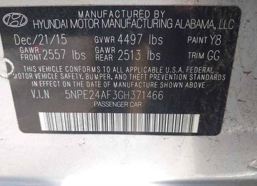 Photo 9 of 2016 Hyundai Sonata SE (VIN 5NPE24AF3GH371466)