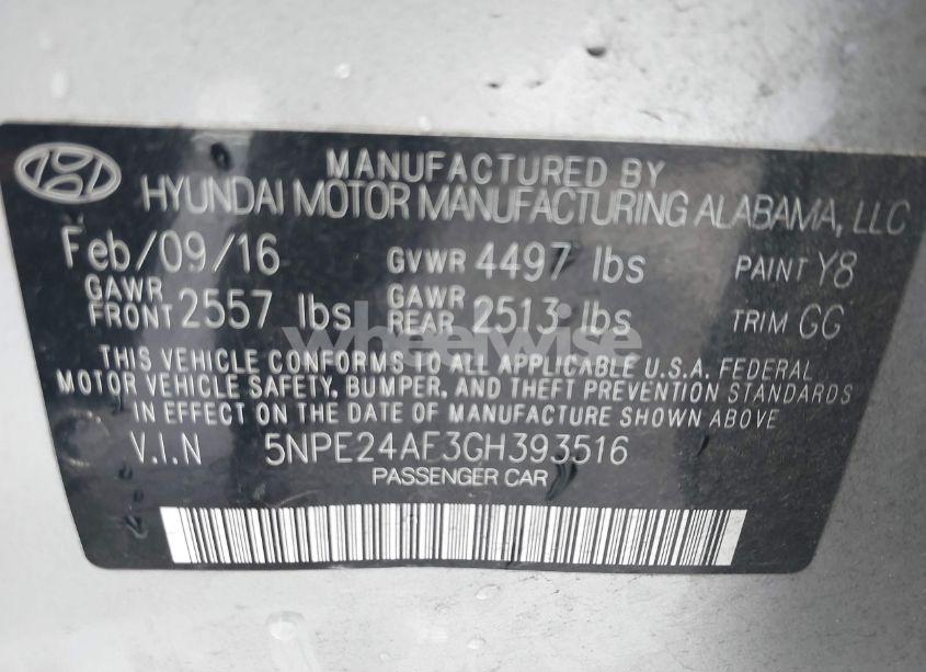 Photo 9 of 2016 Hyundai Sonata (VIN 5NPE24AF3GH393516)