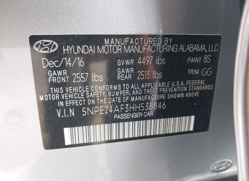 Photo 9 of 2017 Hyundai Sonata (VIN 5NPE24AF3HH538846)