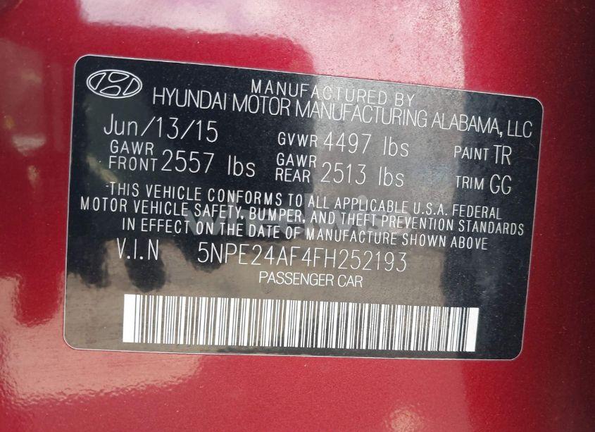 Photo 9 of 2015 Hyundai Sonata SE (VIN 5NPE24AF4FH252193)