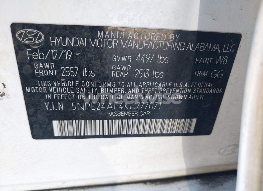 Photo 9 of 2019 Hyundai Sonata SE (VIN 5NPE24AF4KH777071)