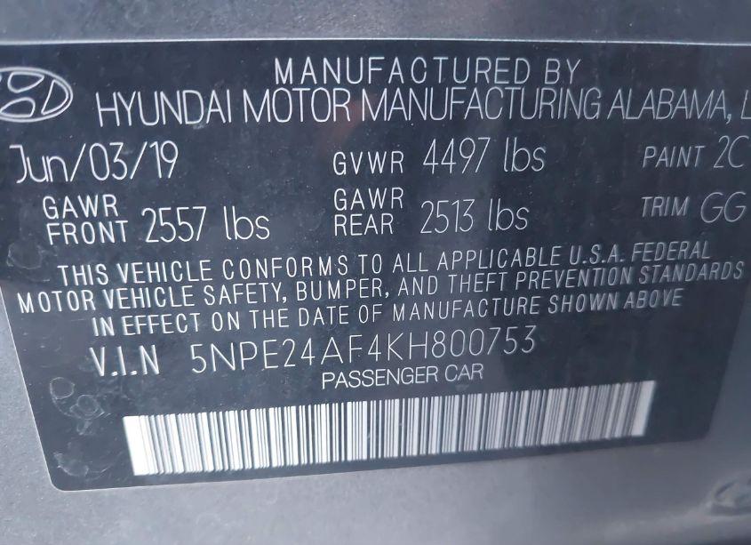 Photo 9 of 2019 Hyundai Sonata SE (VIN 5NPE24AF4KH800753)