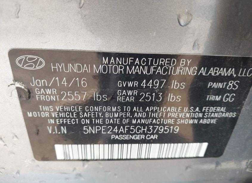 Photo 9 of 2016 Hyundai Sonata SE (VIN 5NPE24AF5GH379519)