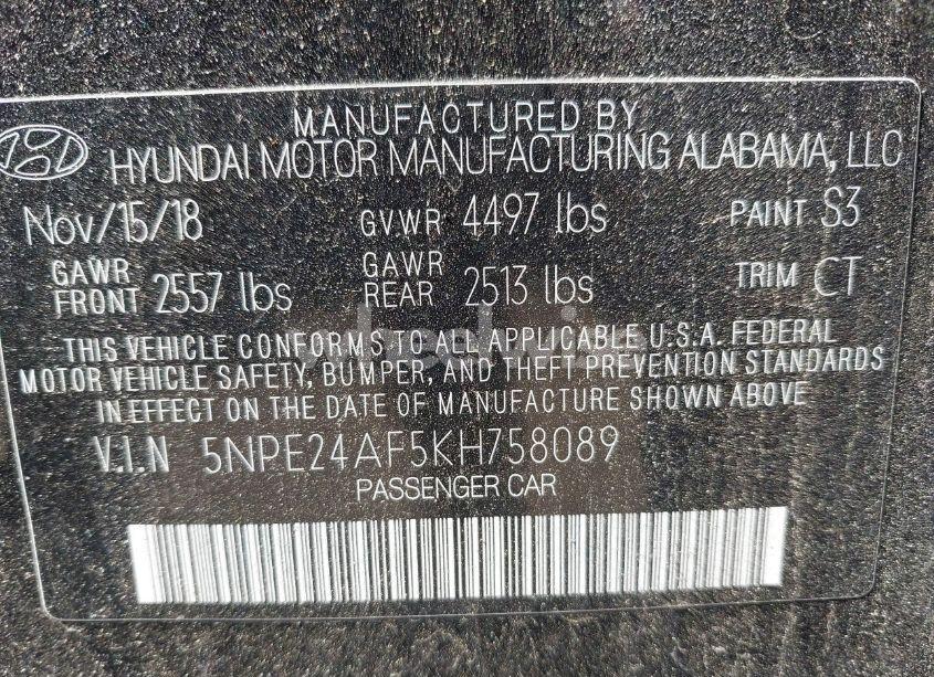 Photo 9 of 2019 Hyundai Sonata SE (VIN 5NPE24AF5KH758089)