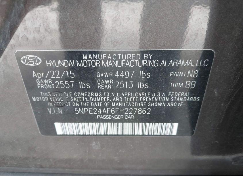 Photo 9 of 2015 Hyundai Sonata SE (VIN 5NPE24AF6FH227862)