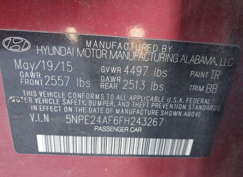 Photo 9 of 2015 Hyundai Sonata SE (VIN 5NPE24AF6FH243267)