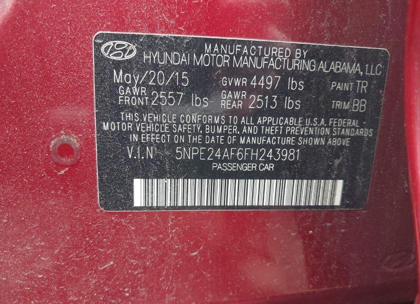 Photo 9 of 2015 Hyundai Sonata SE (VIN 5NPE24AF6FH243981)