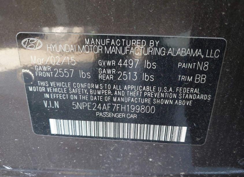 Photo 9 of 2015 Hyundai Sonata SE (VIN 5NPE24AF7FH199800)