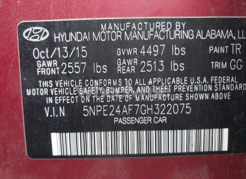 Photo 9 of 2016 Hyundai Sonata SE (VIN 5NPE24AF7GH322075)