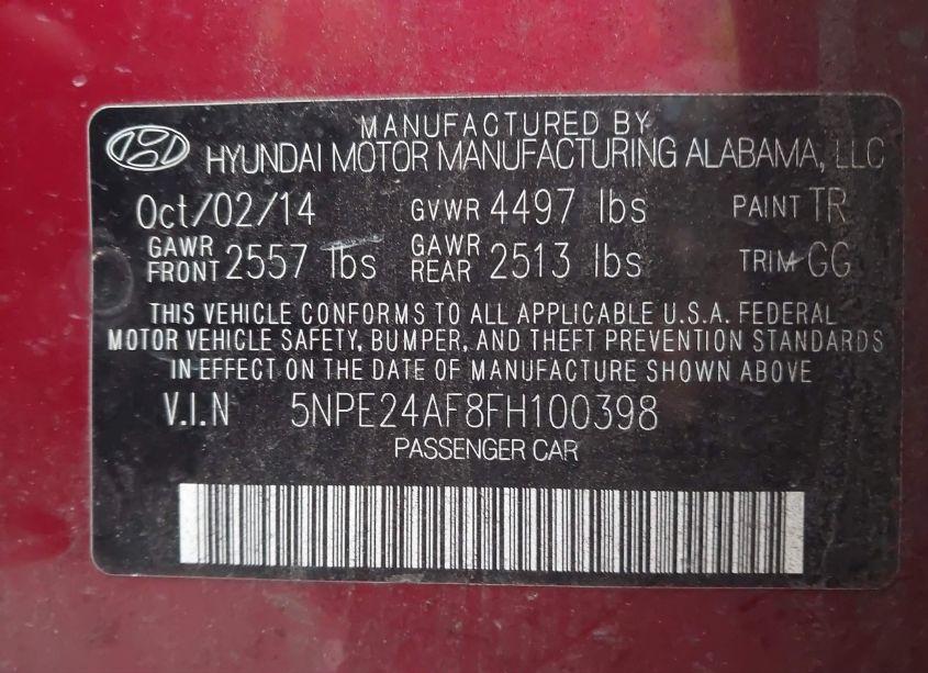 Photo 9 of 2015 Hyundai Sonata SE (VIN 5NPE24AF8FH100398)