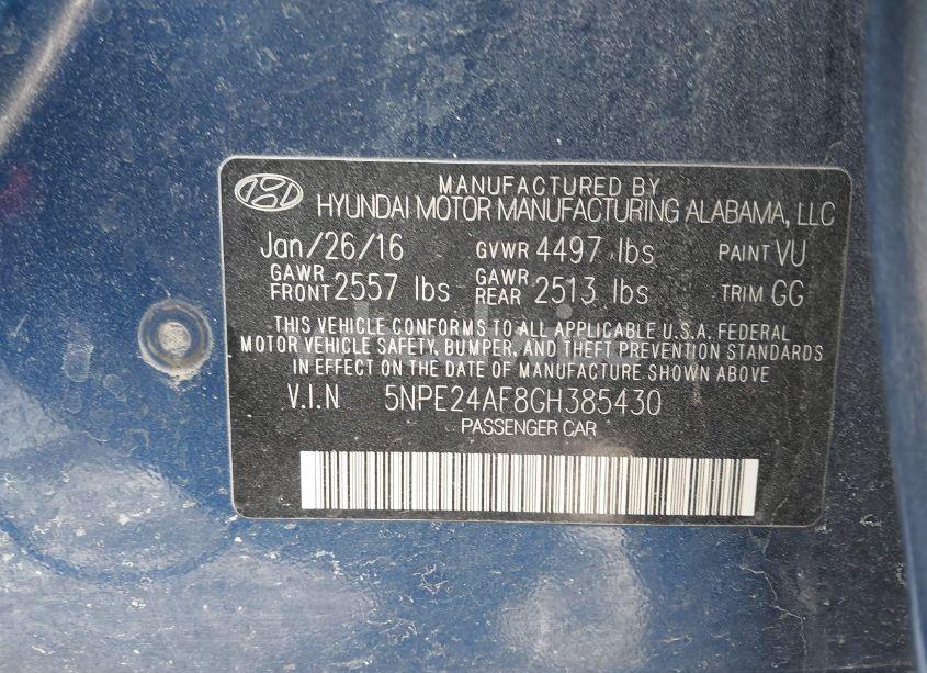 Photo 9 of 2016 Hyundai Sonata SE (VIN 5NPE24AF8GH385430)