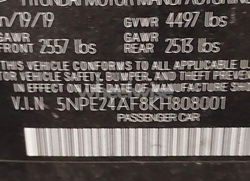 Photo 9 of 2019 Hyundai Sonata SE (VIN 5NPE24AF8KH808001)