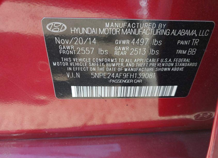 Photo 9 of 2015 Hyundai Sonata SE (VIN 5NPE24AF9FH139081)