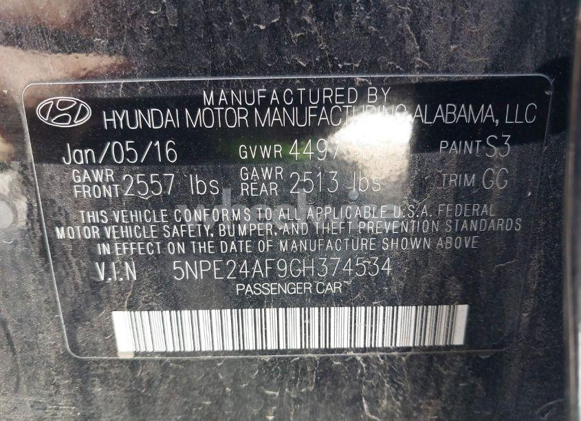 Photo 9 of 2016 Hyundai Sonata SE (VIN 5NPE24AF9GH374534)