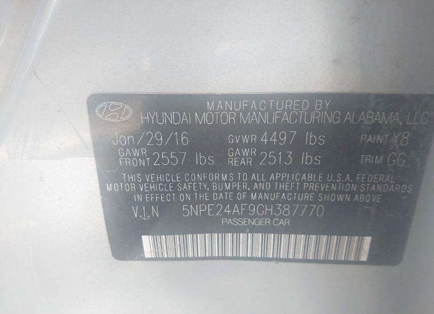 Photo 9 of 2016 Hyundai Sonata (VIN 5NPE24AF9GH387770)