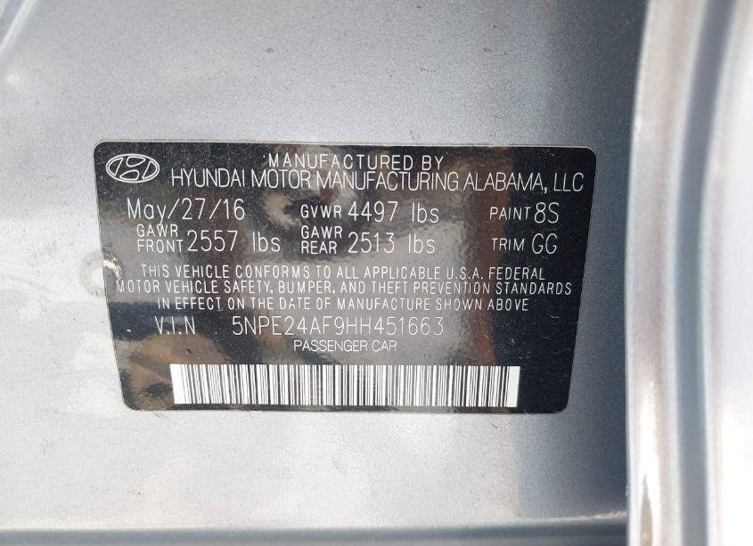 Photo 9 of 2017 Hyundai Sonata SE (VIN 5NPE24AF9HH451663)