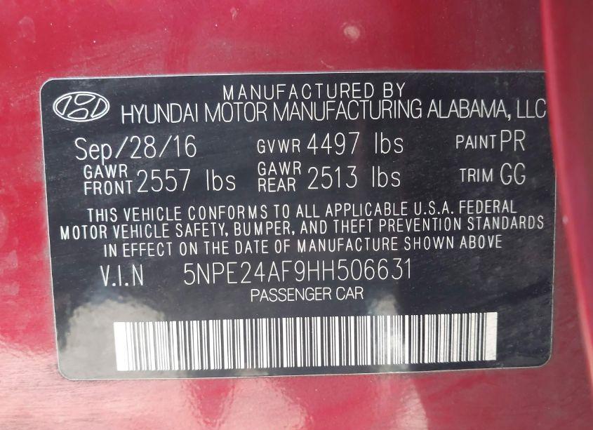 Photo 9 of 2017 Hyundai Sonata (VIN 5NPE24AF9HH506631)