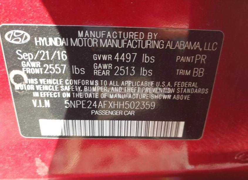 Photo 9 of 2017 Hyundai Sonata SE (VIN 5NPE24AFXHH502359)