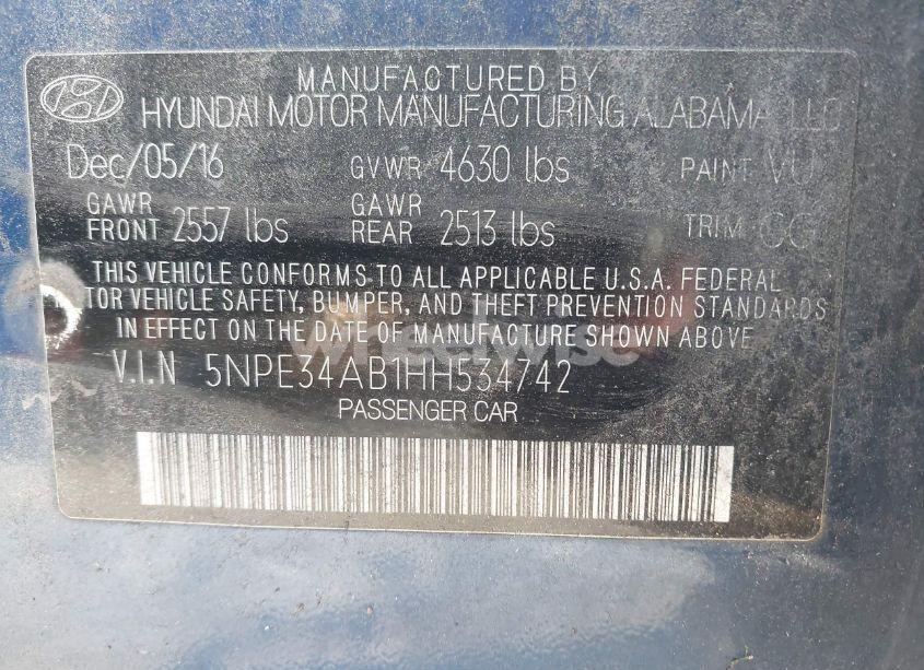 Photo 9 of 2017 Hyundai Sonata SPORT 2.0T (VIN 5NPE34AB1HH534742)