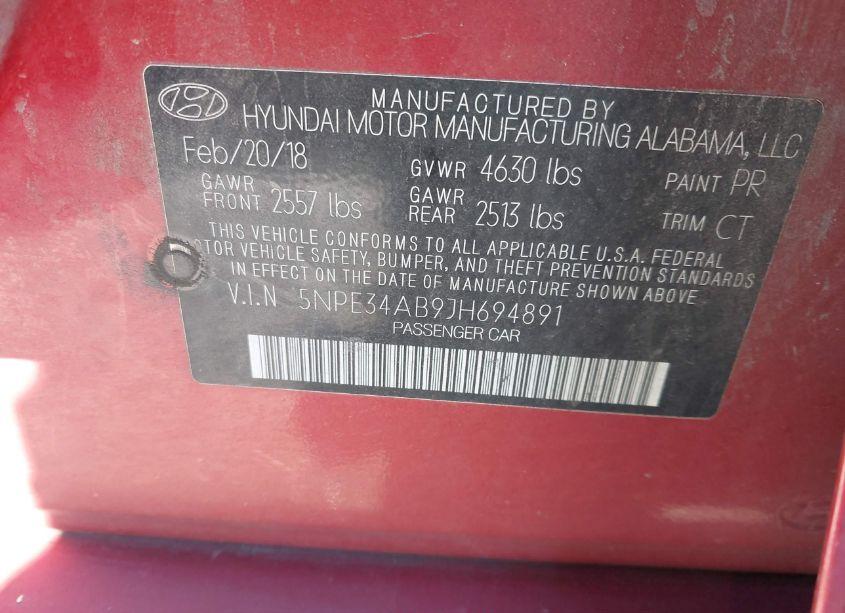 Photo 9 of 2018 Hyundai Sonata LIMITED 2.0T (VIN 5NPE34AB9JH694891)