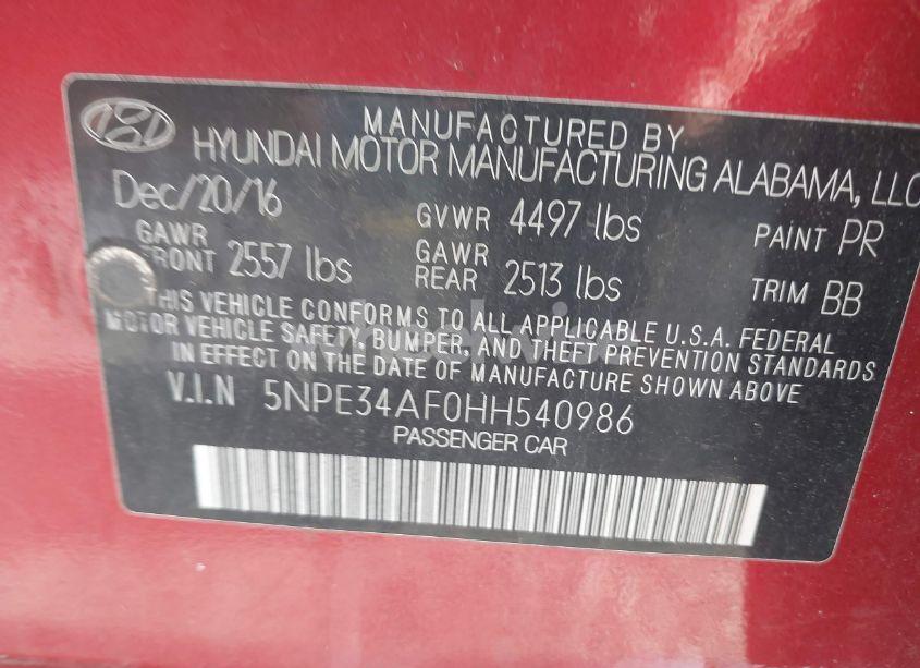 Photo 9 of 2017 Hyundai Sonata LIMITED (VIN 5NPE34AF0HH540986)