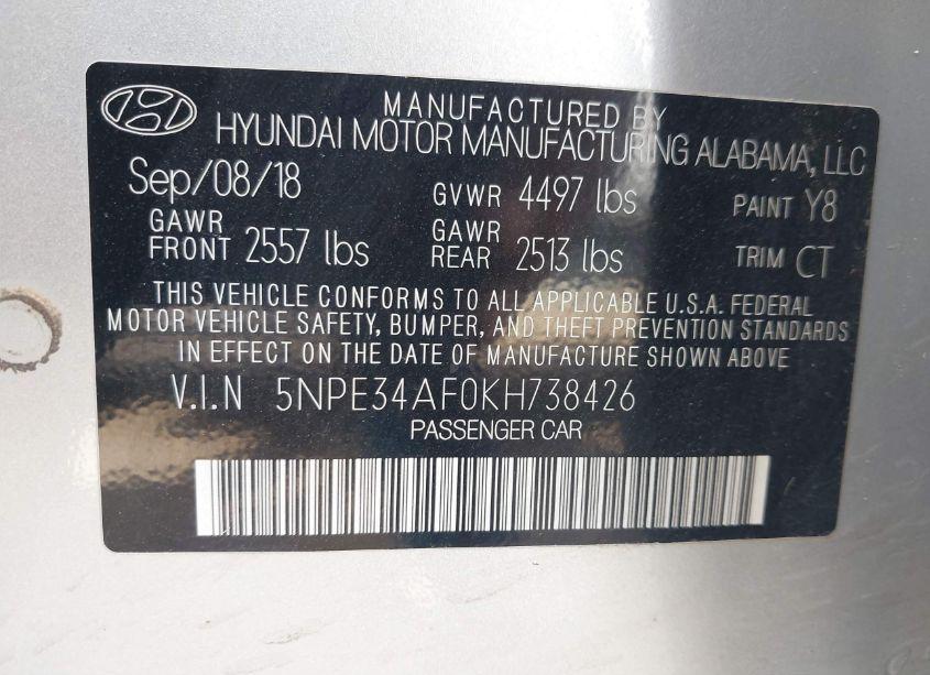 Photo 9 of 2019 Hyundai Sonata SPORT (VIN 5NPE34AF0KH738426)