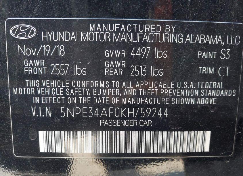 Photo 9 of 2019 Hyundai Sonata SEL (VIN 5NPE34AF0KH759244)