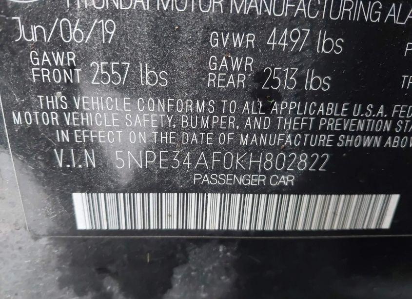 Photo 9 of 2019 Hyundai Sonata SEL (VIN 5NPE34AF0KH802822)