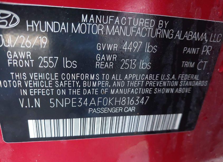 Photo 9 of 2019 Hyundai Sonata SPORT (VIN 5NPE34AF0KH816347)