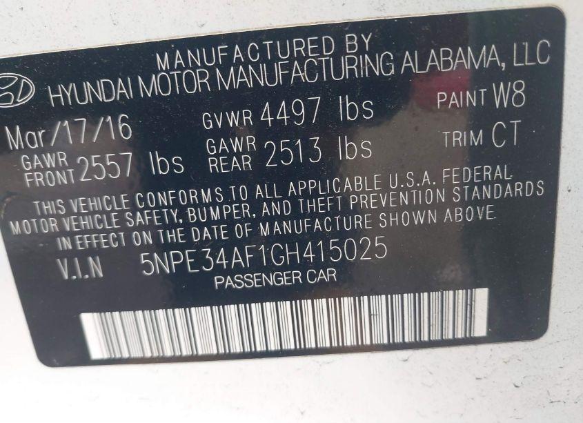 Photo 9 of 2016 Hyundai Sonata SPORT (VIN 5NPE34AF1GH415025)