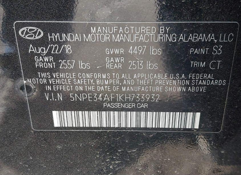 Photo 9 of 2019 Hyundai Sonata SEL (VIN 5NPE34AF1KH733932)