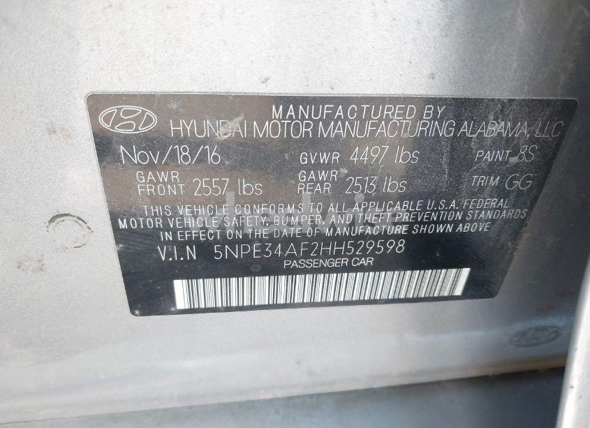 Photo 9 of 2017 Hyundai Sonata SPORT (VIN 5NPE34AF2HH529598)