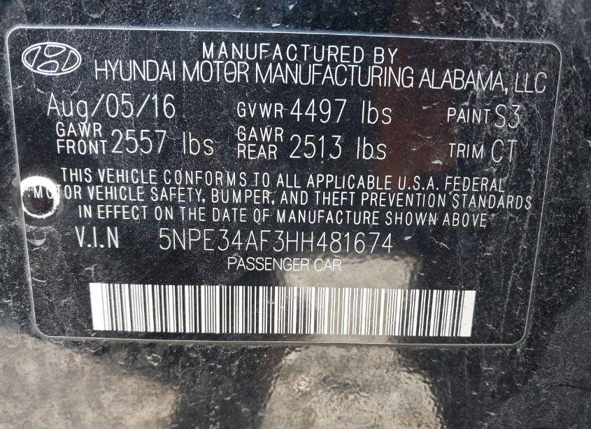 Photo 9 of 2017 Hyundai Sonata SPORT (VIN 5NPE34AF3HH481674)