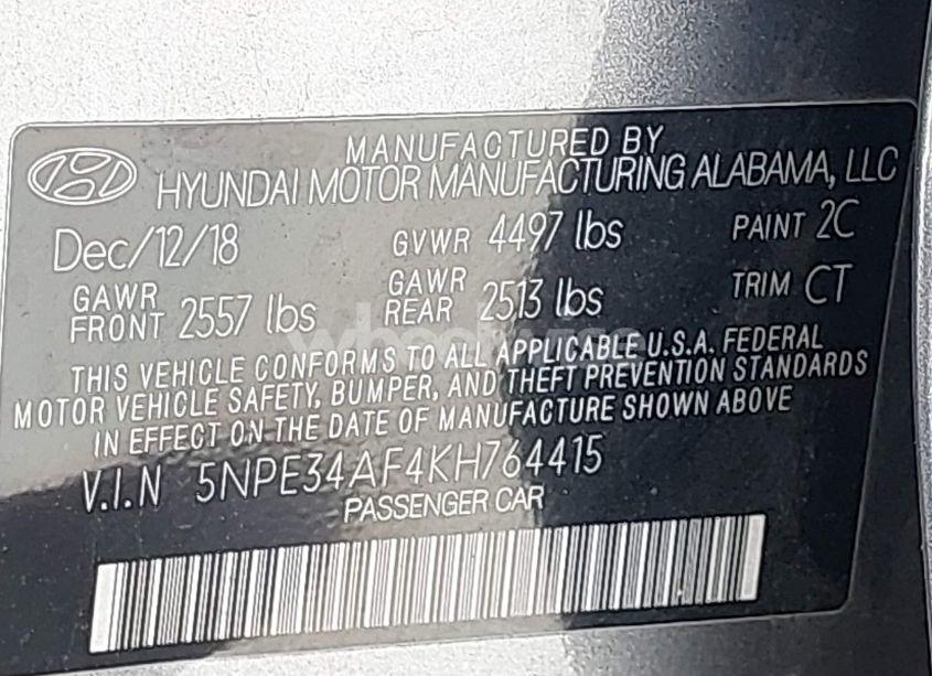 Photo 9 of 2019 Hyundai Sonata SEL (VIN 5NPE34AF4KH764415)