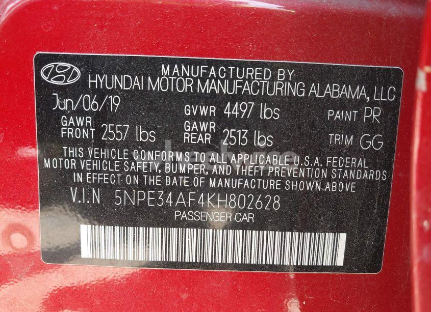 Photo 9 of 2019 Hyundai Sonata SEL (VIN 5NPE34AF4KH802628)