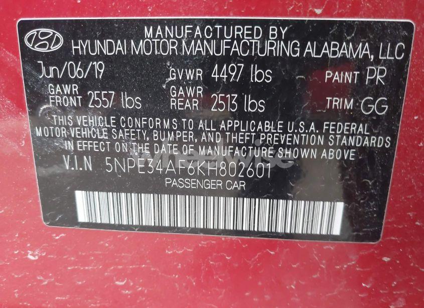 Photo 9 of 2019 Hyundai Sonata SEL (VIN 5NPE34AF6KH802601)