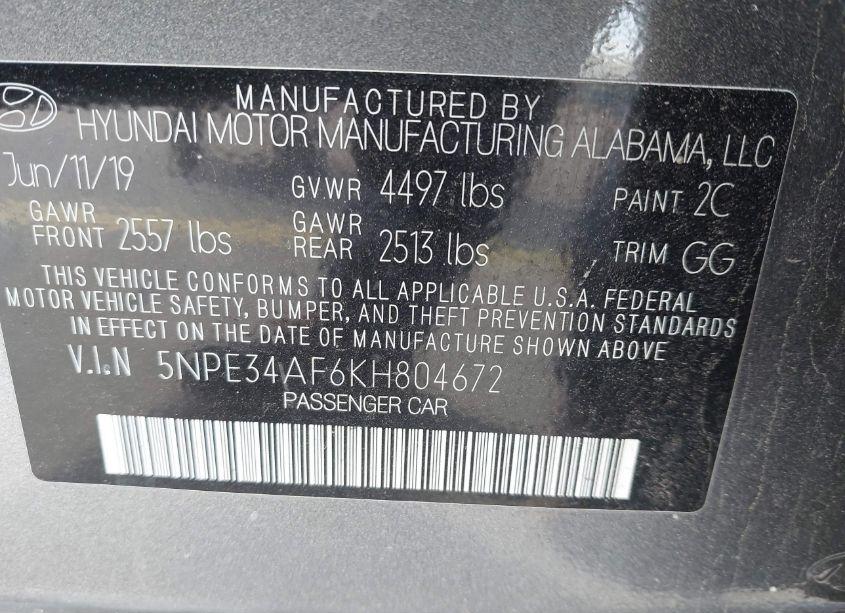Photo 9 of 2019 Hyundai Sonata SEL (VIN 5NPE34AF6KH804672)