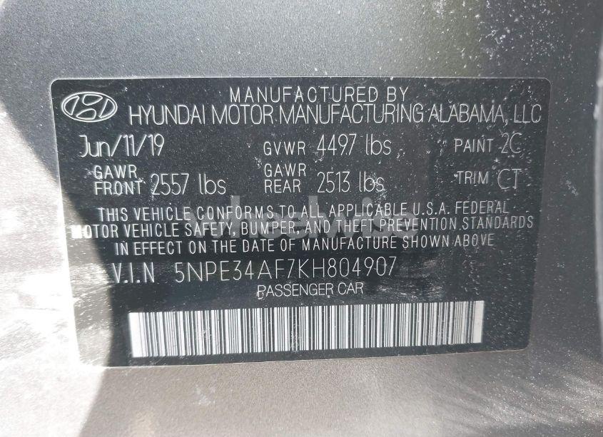 Photo 9 of 2019 Hyundai Sonata SEL (VIN 5NPE34AF7KH804907)