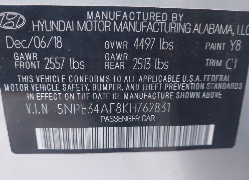 Photo 9 of 2019 Hyundai Sonata SPORT (VIN 5NPE34AF8KH762831)